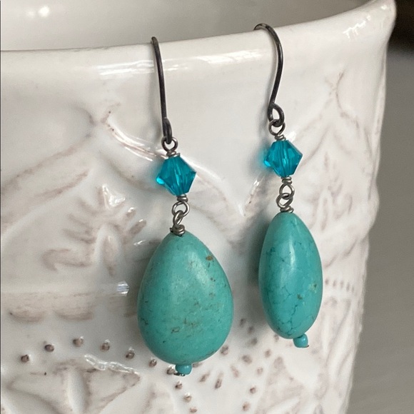 Turquoise Teardrop Swarovski Accent Drop Earrings Ocean Crystal Accents Bohemian - Picture 4 of 6
